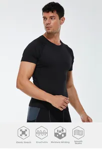 Detail showing elastic compression fabric and seamless stitching on men's sports t-shirt
