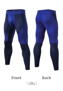 Front and back views of navy camo mens compression pants with high elastic fabric