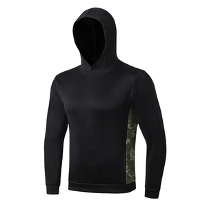 Men's black hooded sports sweatshirt with camouflage side panels on a plain background