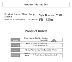 Detailed chart showing 85% polyester and 15% spandex mix for slim fit gym shirt