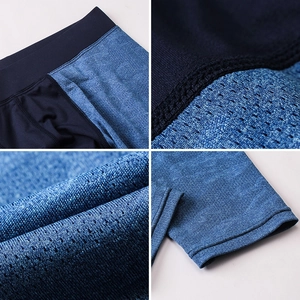 Macro details of breathable mesh fabric and flat-seam stitching on men's sports leggings