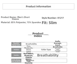Size chart and fabric details for men's slim fit quick-dry sports t-shirt 01217