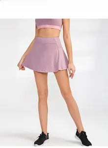 Detail show of light purple high-waisted athletic tennis skirt with A-line design
