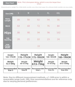 Detailed size chart for men's compression fitness pants with length and waist dimensions