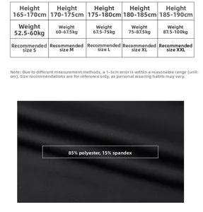 Size chart and fabric detail for men's quick-dry sports shirt with 85% polyester material