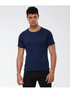 Detail of dark blue camouflage jacquard texture on men's breathable sports t-shirt
