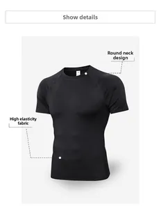 Close-up of crew neck design on black quick-dry compression shirt with M size label