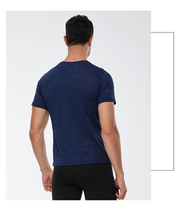 Back view of men's quick-dry sports shirt with dark blue camouflage jacquard texture