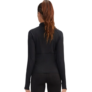 Women's black athletic long sleeve shirt with high collar and ergonomic back stitching