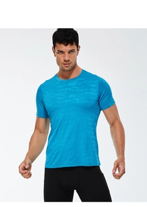 Close-up of blue short-sleeve athletic t-shirt showing subtle camo texture and breathable fabric