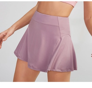 Close-up of high-waisted pale purple tennis skirt with elastic anti-glare inner shorts