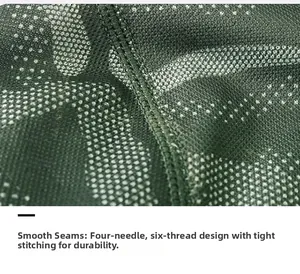 Détail macro d'une couture plate à quatre aiguilles et six fils sur mesh vert respirant