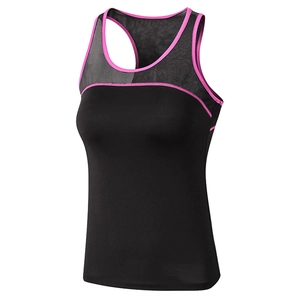 Women's black racerback yoga vest with pink trim and breathable mesh stitching