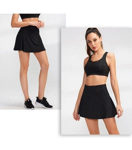Front and side view of black high-waisted sports skort for tennis and yoga with inner lining