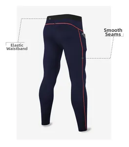 Détail de la taille élastique et de la poche latérale sur ce pantalon de sport bleu
