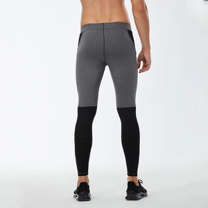 Men's high-elastic compression running tights in grey and black patchwork sport style