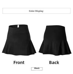 Detailed front and back view of black high-waisted athletic skirt with built-in liner