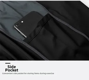 Close-up of men's compression pants showing side pocket for a smartphone and flatlock seams