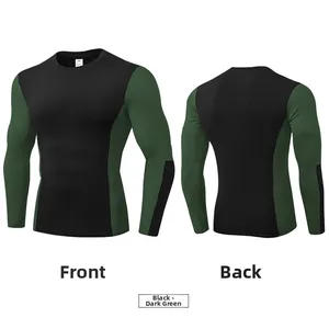 Vue avant et arrière du t-shirt de compression à manches longues noir et vert foncé