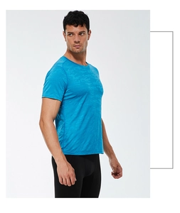 Side view of men's athletic shirt in bright blue camouflage quick-dry fabric