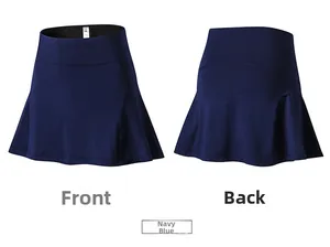 Front and back view of high-waisted navy blue tennis skirt with pleats and breathable fabric