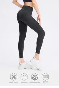 Detail view of high-waist marble yoga pants showing breathable fabric and flat seams