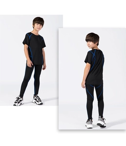 Detail of kids compression sport set with blue accent lines and moisture-wicking fabric