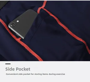 Détail d'un pantalon de compression avec poche latérale pour téléphone et coutures oranges