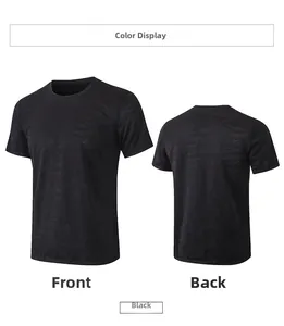 Detailed front and back views of black camo training shirt with breathable mesh texture