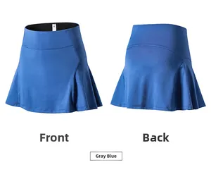 Front and back views of high-waist grey-blue tennis skirt with pleated athletic design