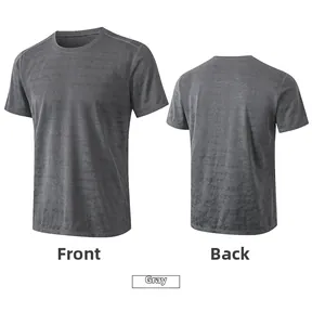 Front and back views of gray camouflage quick-dry sports t-shirt for men running
