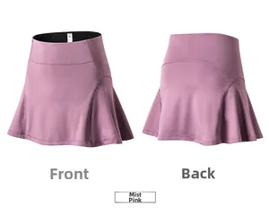 Front and back views of high-waisted misty pink tennis skirt with inner lining