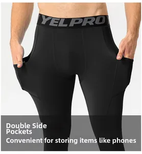 Detail view of men's athletic compression shorts with functional side pockets for phone