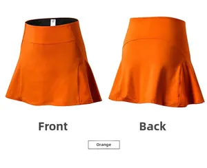 Detailed front and back view of orange high-waist athletic skirt with size S tag