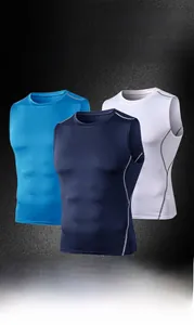 Close-up of stacked blue and white compression tank tops showing breathable fabric texture