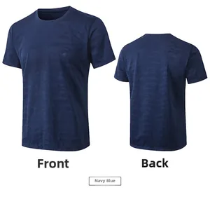 Front and back views of navy blue quick-dry athletic tee with breathable mesh camo pattern