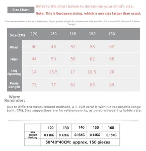 Detailed size guide table for boys high-elastic quick-dry sports compression leggings