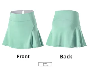 Front and back view of mint green high-waisted tennis skirt with built-in liners