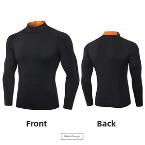 Vues avant et arrière d'un t-shirt de compression noir pour homme avec détails orange au col