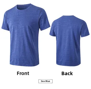Front and back views of sea blue breathable camo sports t-shirt for fitness and running