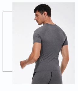 Back view of men's quick-dry fitness suit with grey slim fit t-shirt and sports shorts