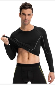 Detail shot showing the high elasticity and stretch of the men's compression sports top