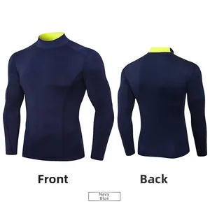 Double vue du t-shirt de compression bleu marine montrant le devant et le dos athlétique