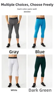 Detailed grid view of high-elastic men's compression pants in grey, blue, white, and green