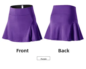 Front and back views of a purple high-waisted quick-dry tennis skort with inner lining