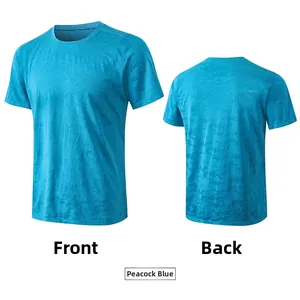 Front and back views of peacock blue camo men's quick-dry sports t-shirt with breathable holes