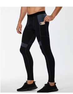 Men's compression leggings featuring a functional side pocket for a smartphone during sports
