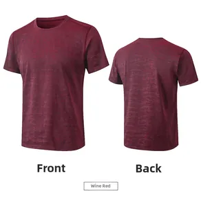 Front and back view of men's burgundy camo sports t-shirt with quick-dry fabric texture
