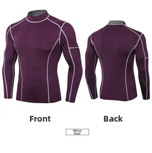 Haut de compression bordeaux pour homme avec coutures grises, vue avant et arrière