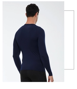 Rear view showing ergonomic back seams on navy blue compression fitness top